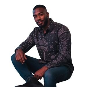 YoungLA Mens 804 Bandana Paisley Button Down Shirt Black Long Sleeve Viscose S